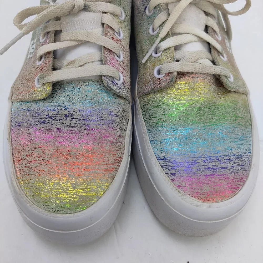 DC Platform Leather Sneaker Skate Shoe Iridescent Rainbow White Sz 8 Women Trase